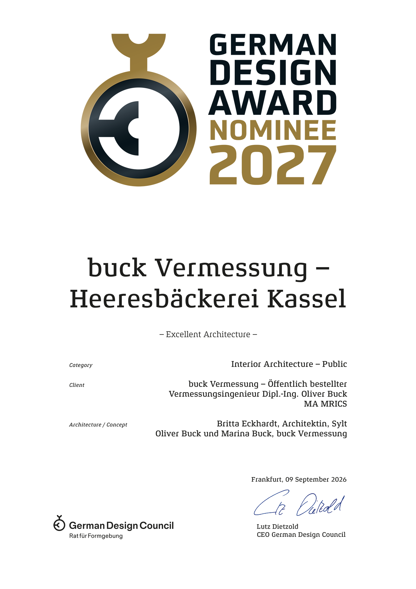 Urkunde German Design Award Nominee 2027 – buck Vermessung, Heeresbäckerei Kassel